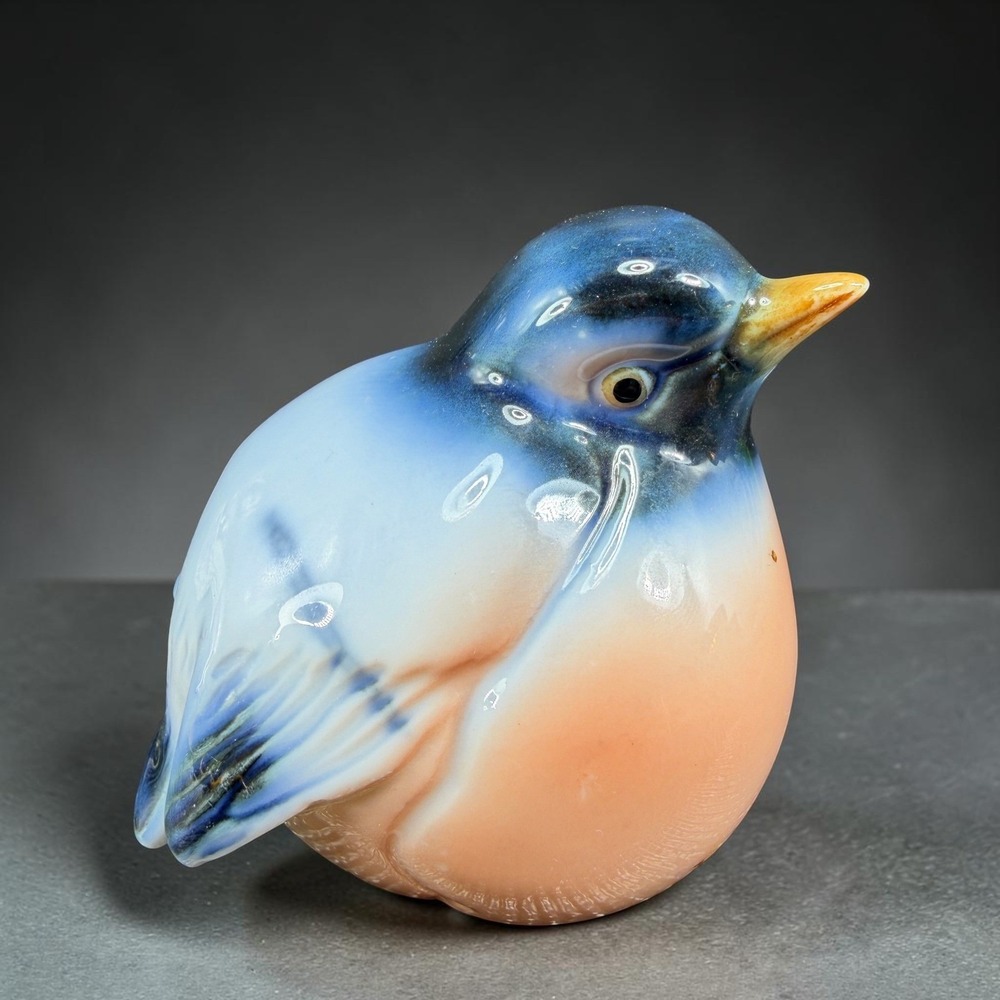 Vintage Chubby Blue Bird Porcelain Figurine Round Glossy Glazed Figure 2.5 inch